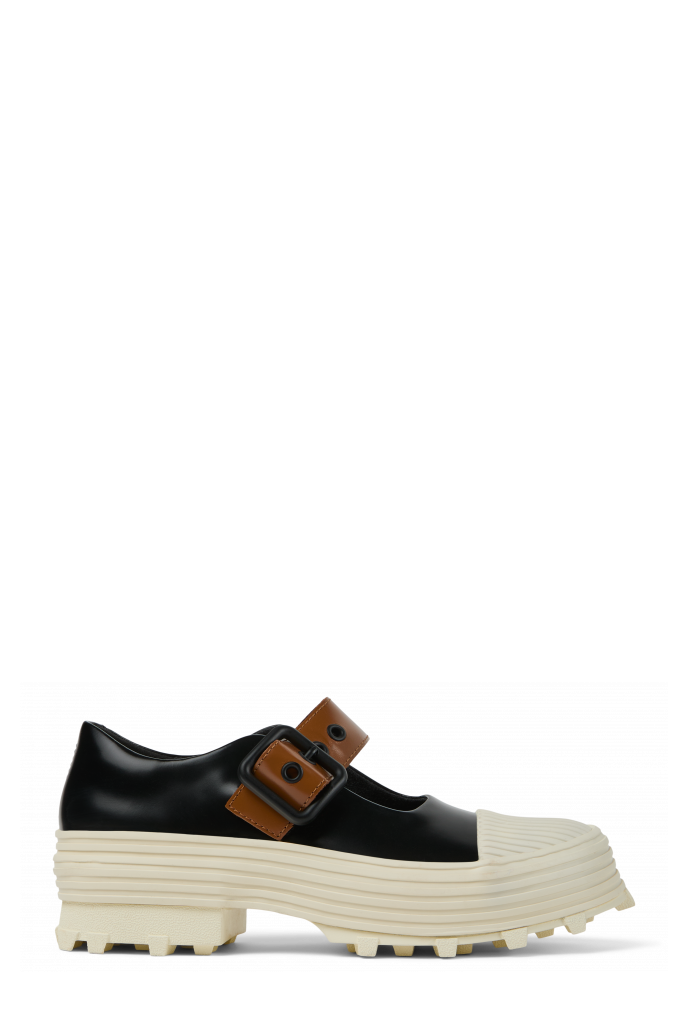 Side view of TRAKTORI Black-White-Brown Leather Mary Jane Clogs