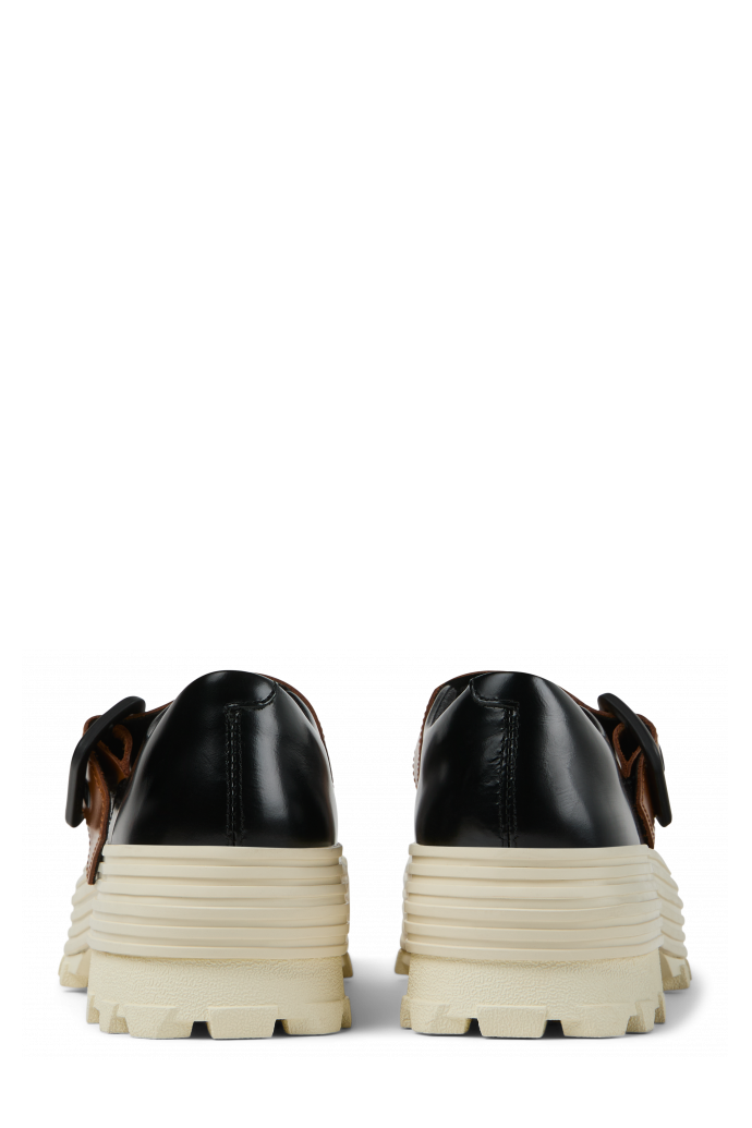 Back view of TRAKTORI Black-White-Brown Leather Mary Jane Clogs