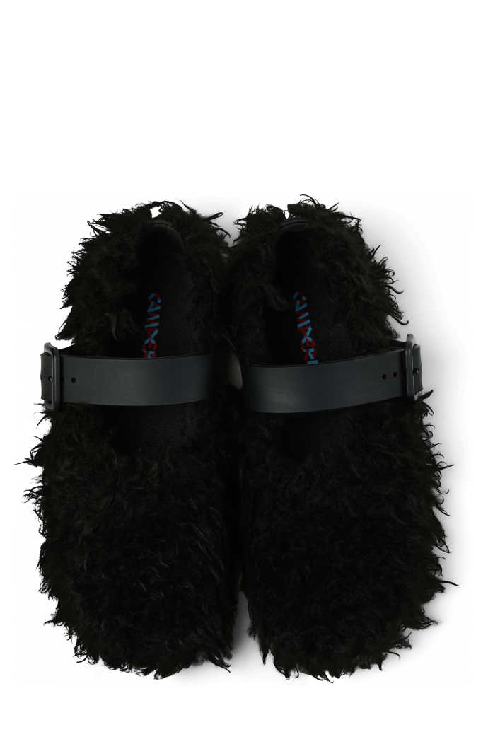 Overhead view of WABI Black recycled PET Mary Janes