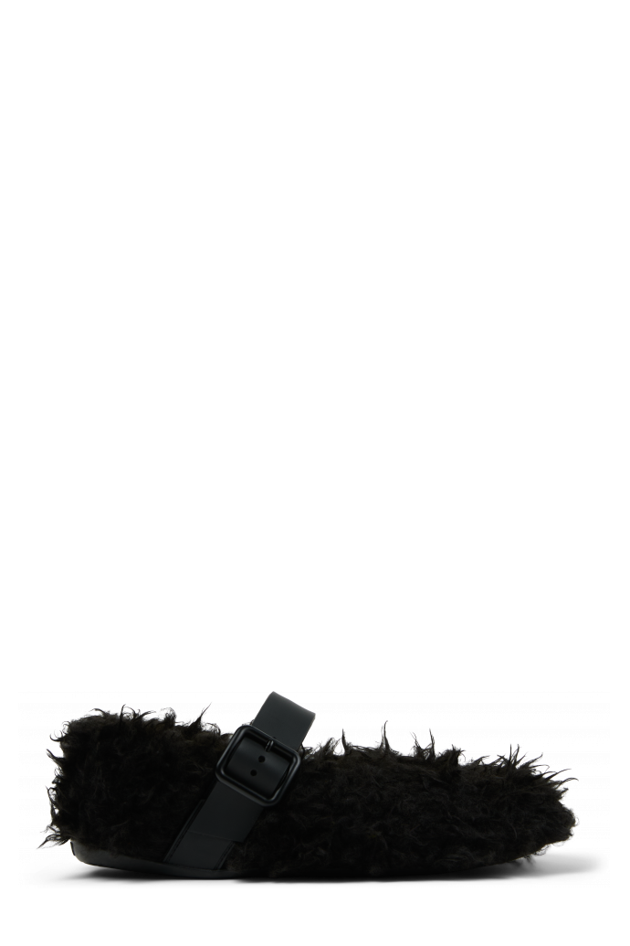 Side view of WABI Black recycled PET Mary Janes