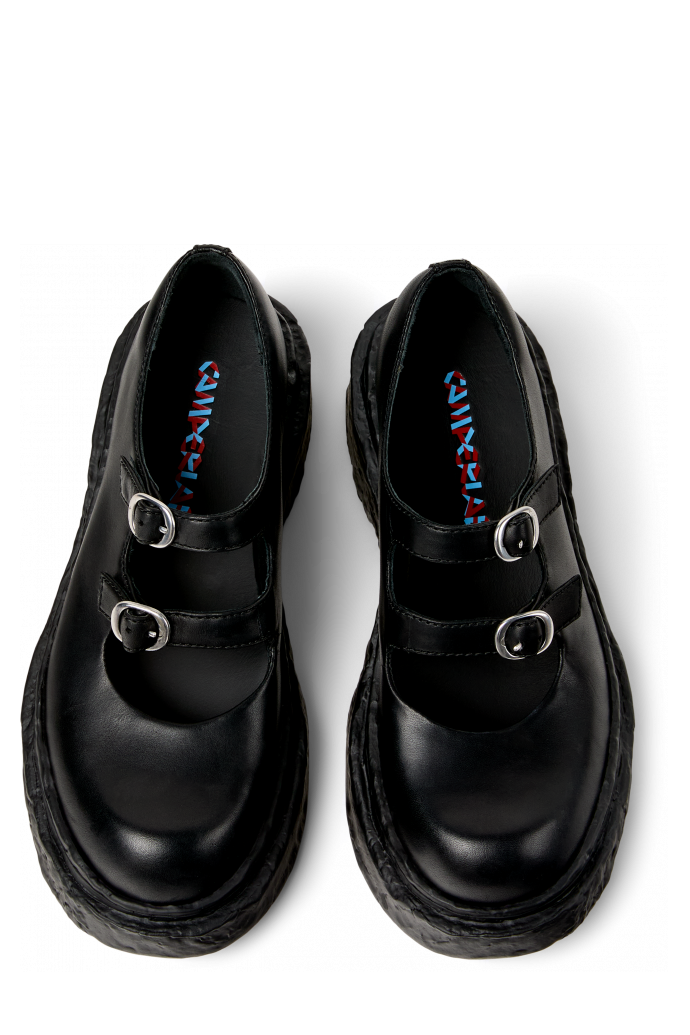 Overhead view of VAMONOS Black Leather Mary Janes