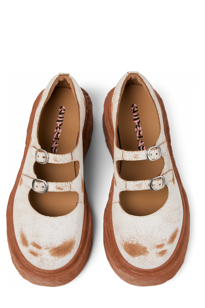 Overhead view of VAMONOS White cracked Leather Mary Janes