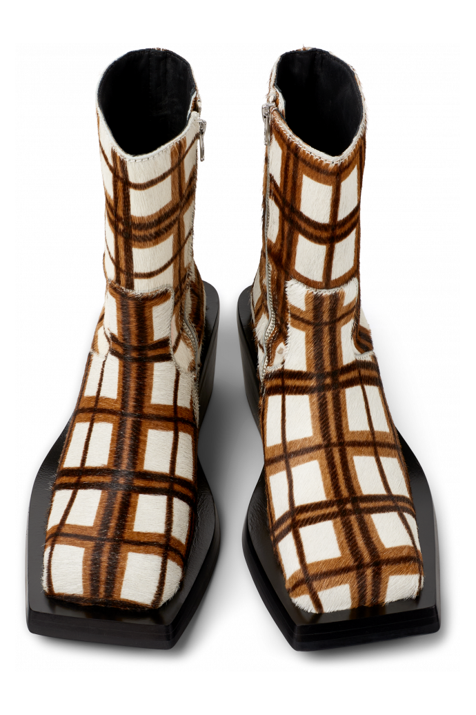 Overhead view of QUETAL Cream-brown tartan hair-on-leather boots