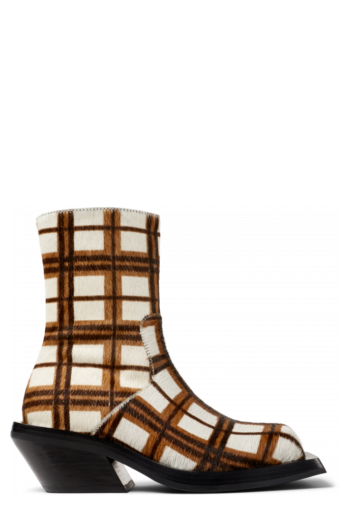 Side view of QUETAL Cream-brown tartan hair-on-leather boots