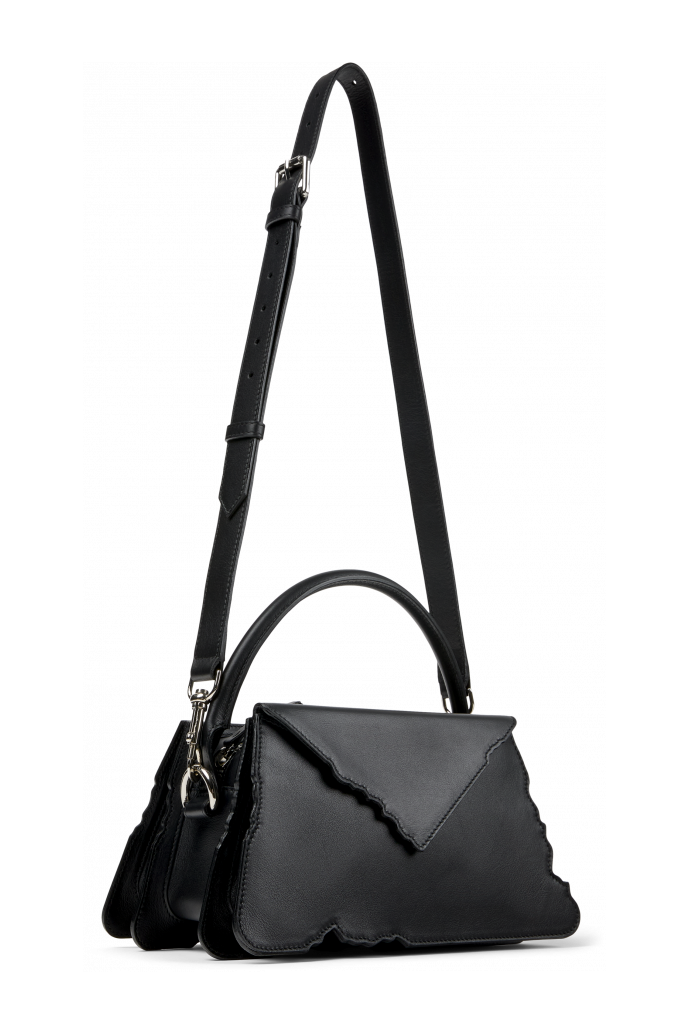 Front view of HANURI Black leather accordion shoulder bag