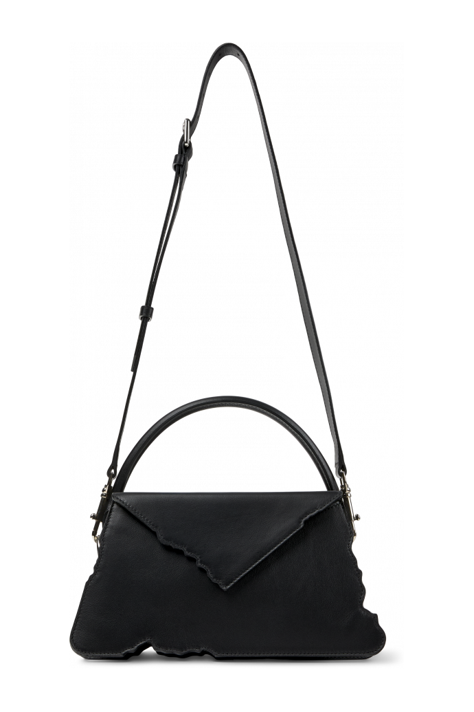 Side view of HANURI Black leather accordion shoulder bag