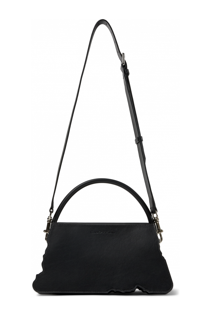 Back view of HANURI Black leather accordion shoulder bag
