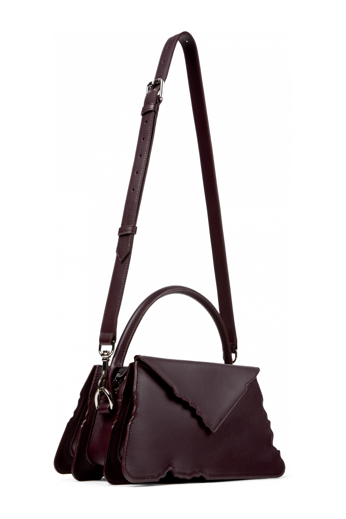 Front view of HANURI BURGUNDY LEATHER ACCORDION SHOULDER BAG