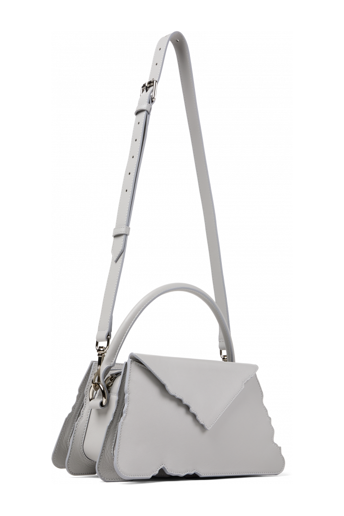 Front view of HANURI GRAY LEATHER ACCORDION SHOULDER BAG