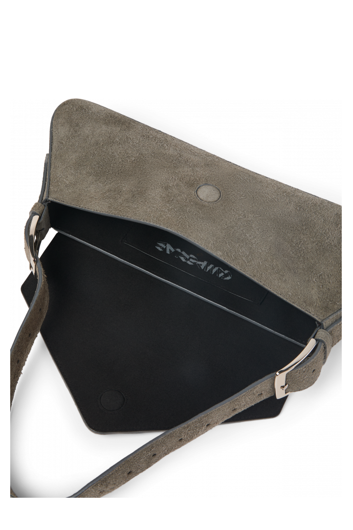 Overhead view of KIRJE Gray suede handbag