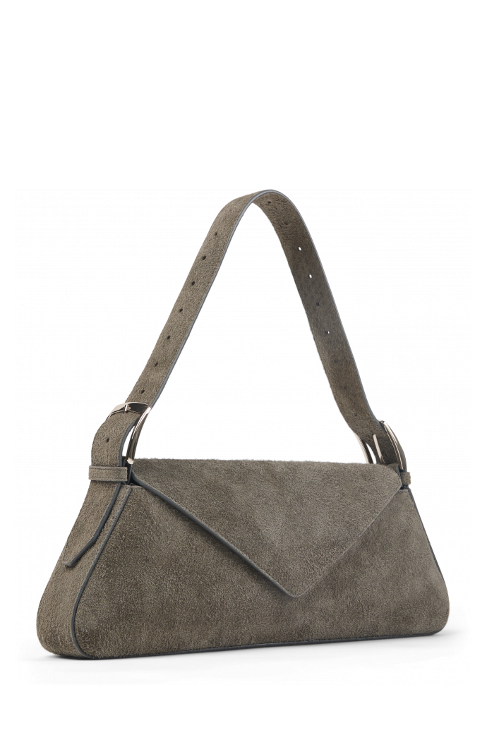 Front view of KIRJE Gray suede handbag