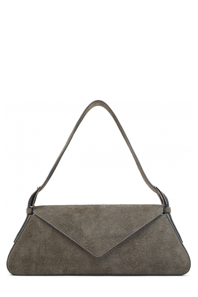 Side view of KIRJE Gray suede handbag