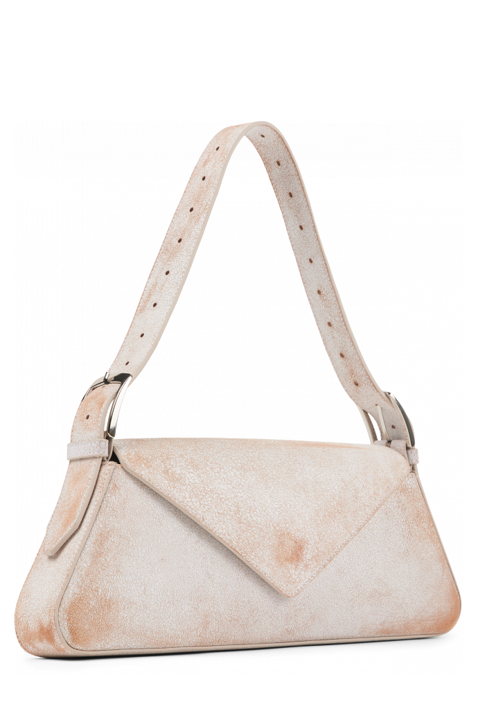 Front view of KIRJE White cracked leather handbag