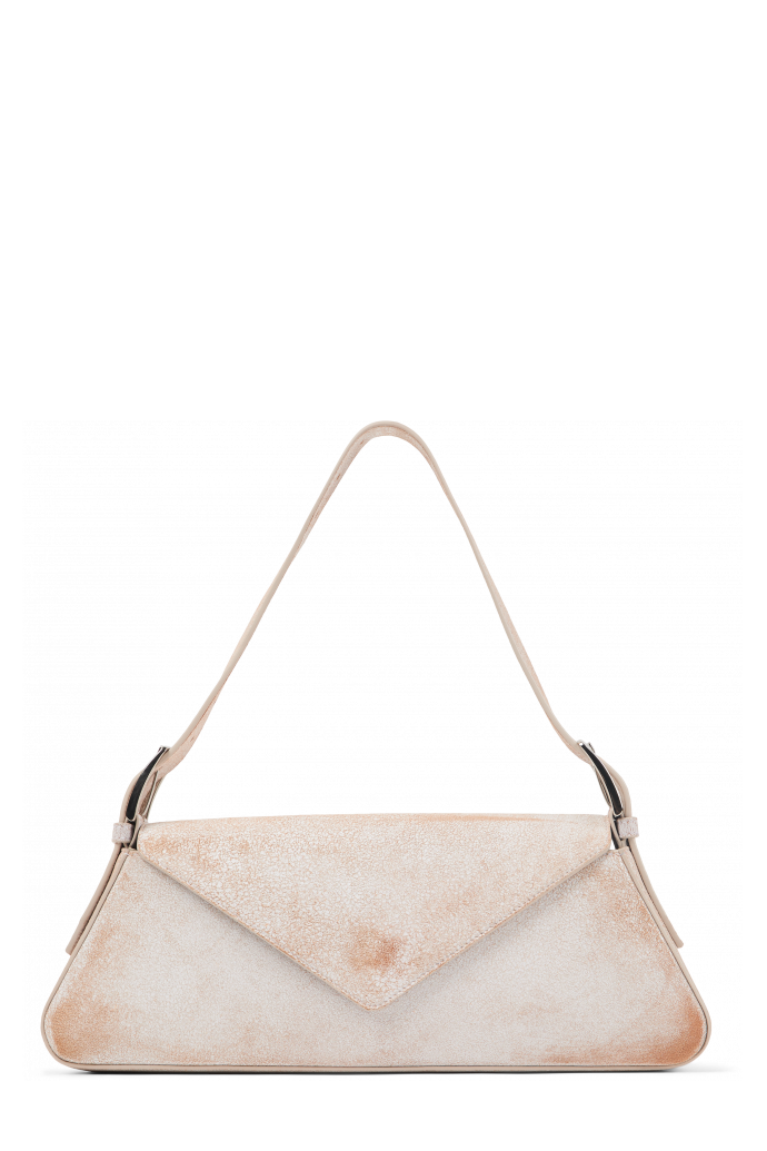 Side view of KIRJE White cracked leather handbag