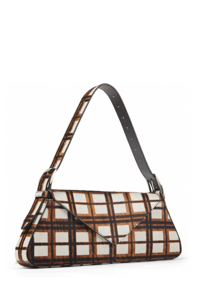 Front view of KIRJE Cream-brown tartan hair-on-leather handbag