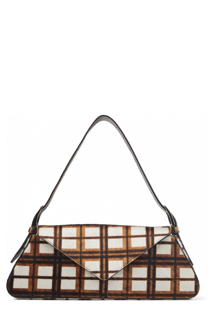 Side view of KIRJE Cream-brown tartan hair-on-leather handbag
