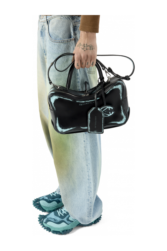 LUNSSI LUNSSI Leather Distorted Shoulder Bag in Black-Turquoise