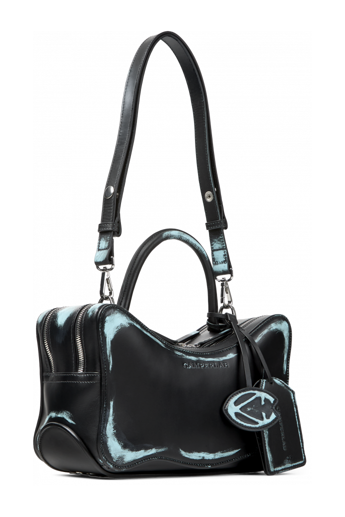 Front view of LUNSSI LUNSSI Leather Distorted Shoulder Bag in Black-Turquoise