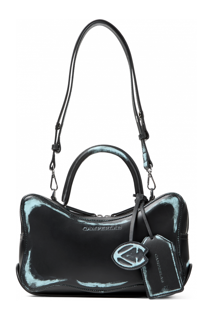 Side view of LUNSSI LUNSSI Leather Distorted Shoulder Bag in Black-Turquoise