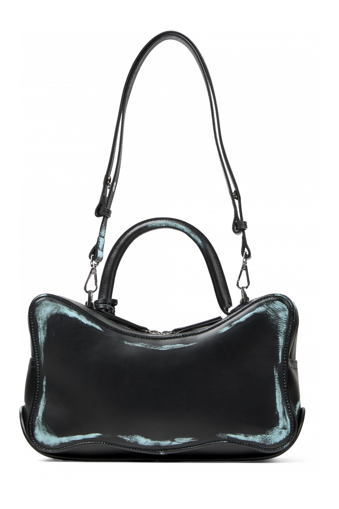 Back view of LUNSSI LUNSSI Leather Distorted Shoulder Bag in Black-Turquoise