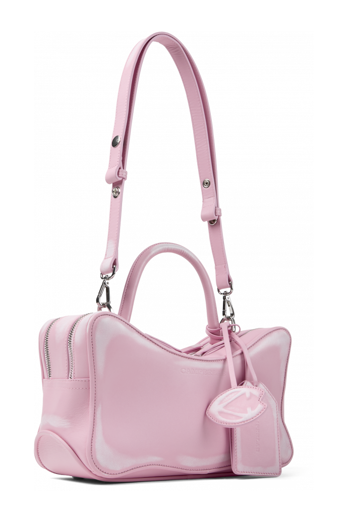 Front view of LUNSSI LUNSSI Leather Distorted Shoulder Bag in Pink-Off White