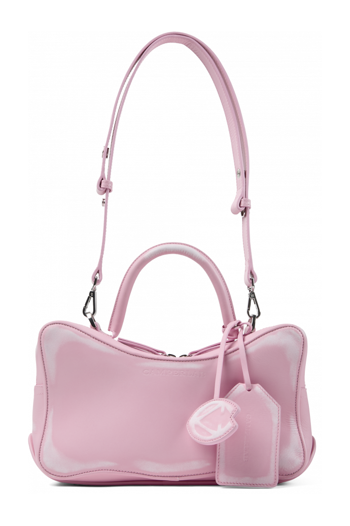 Side view of LUNSSI LUNSSI Leather Distorted Shoulder Bag in Pink-Off White