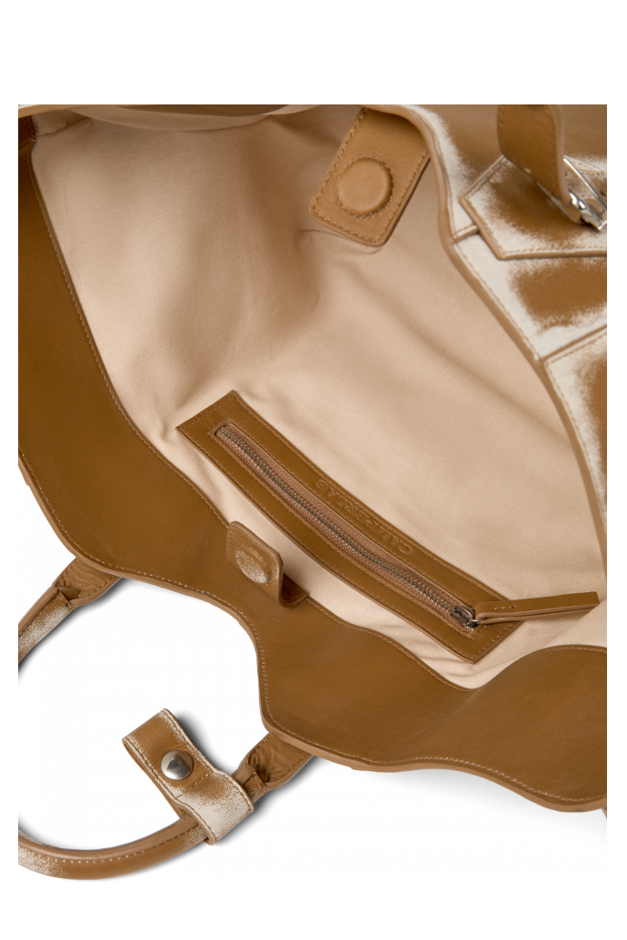 Overhead view of LAUKKU BEIGE-CREAM LEATHER TOTE BAG