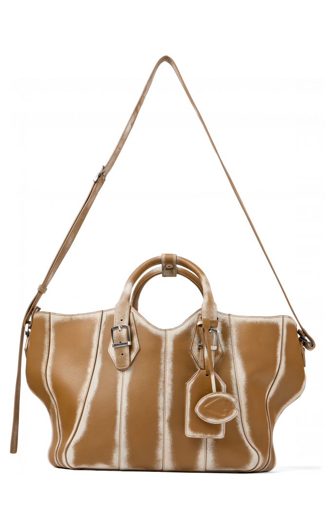 Side view of LAUKKU BEIGE-CREAM LEATHER TOTE BAG