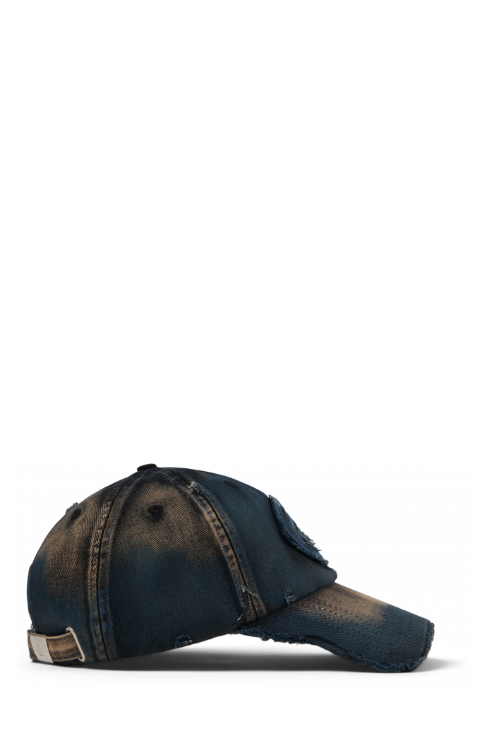 Side view of DISTORTED WASHED SPRAYED CAP BLUE