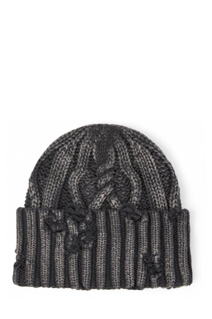 Side view of DISTRESSED CABLE KNIT BEANIE BLACK