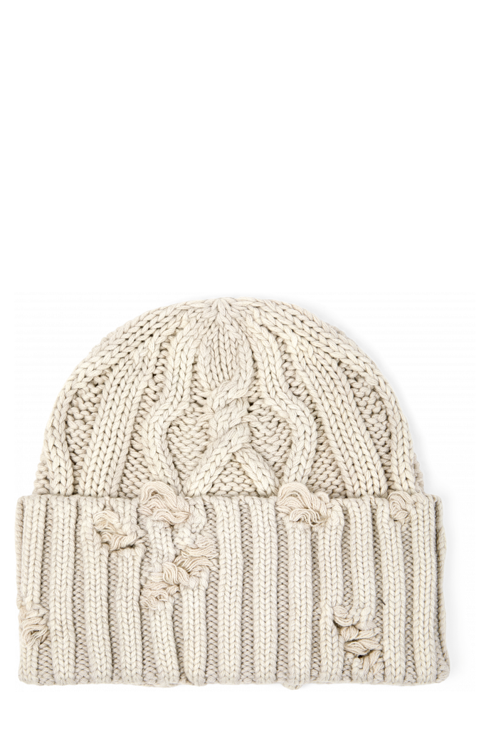 Side view of DISTRESSED CABLE KNIT BEANIE OFF WHITE
