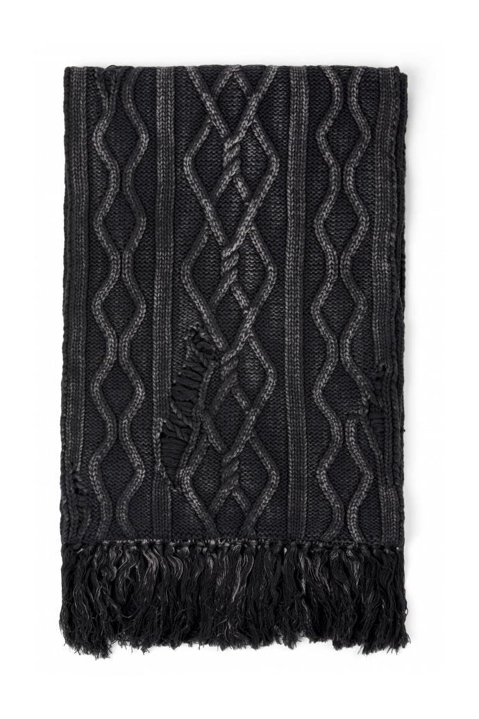 Side view of DISTRESSED CABLE KNIT SCARF BLACK
