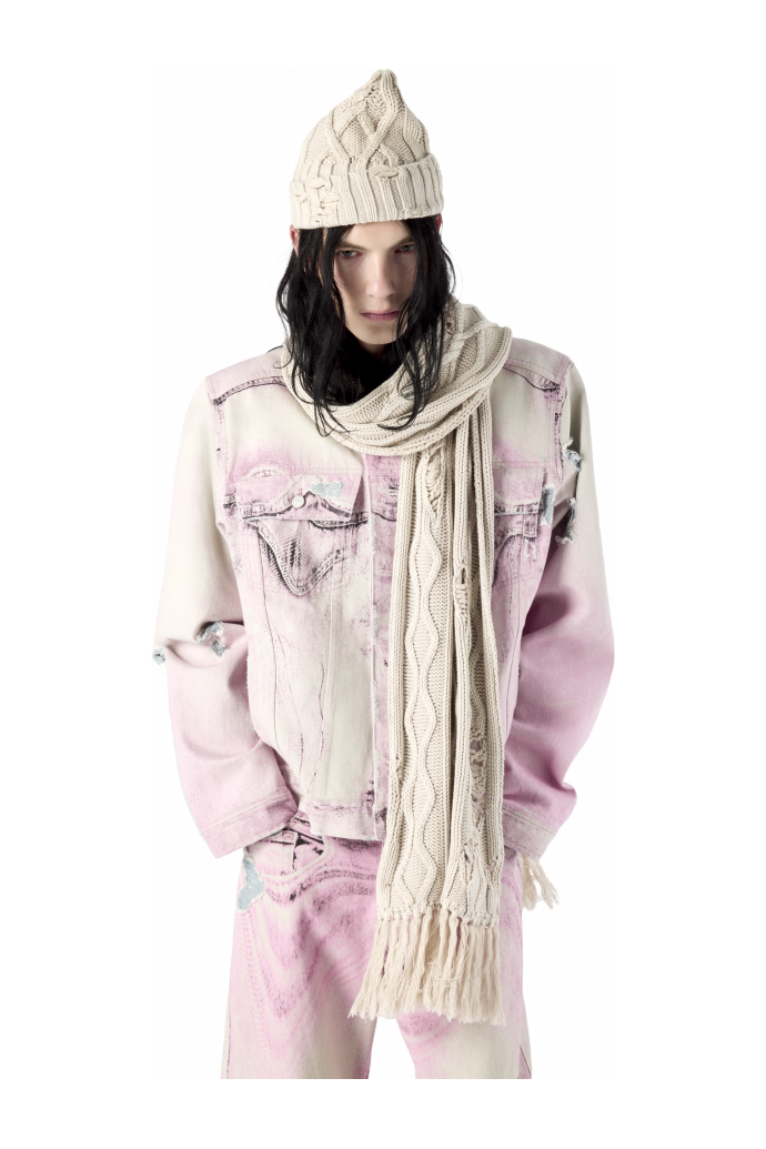 DISTRESSED CABLE KNIT SCARF OFF WHITE