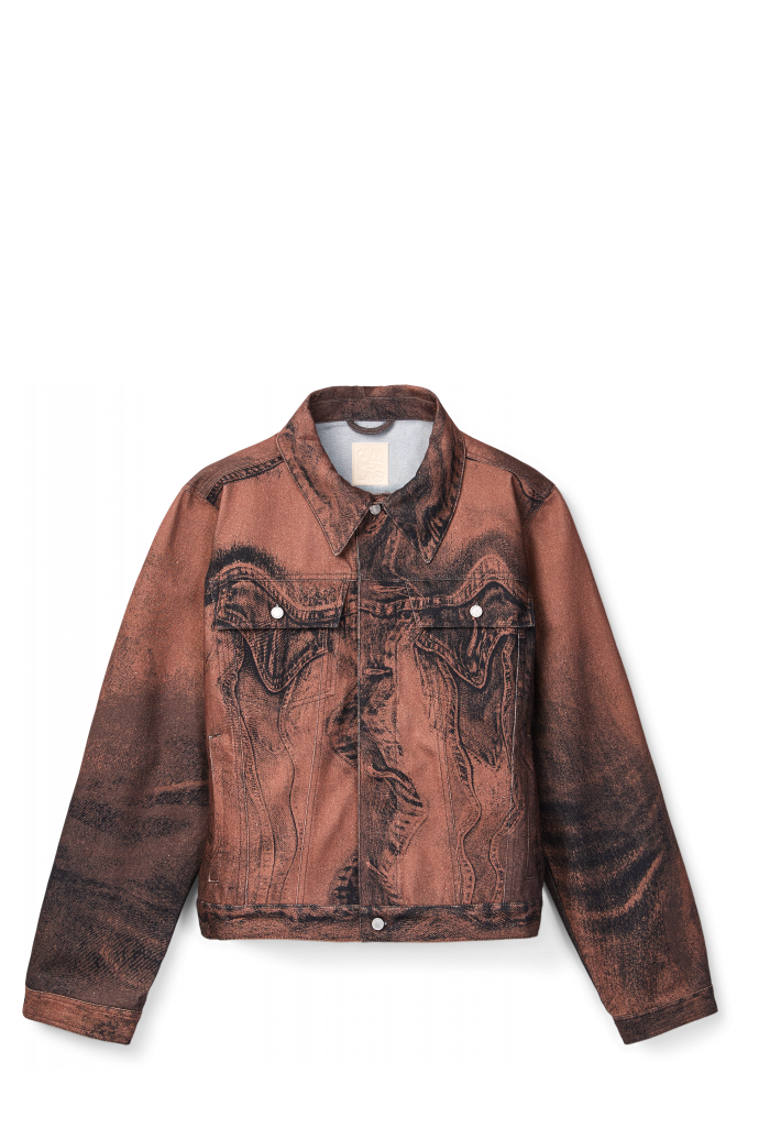 Side view of DISTORTED PRINT DENIM JACKET Brown-black Denim Jacket