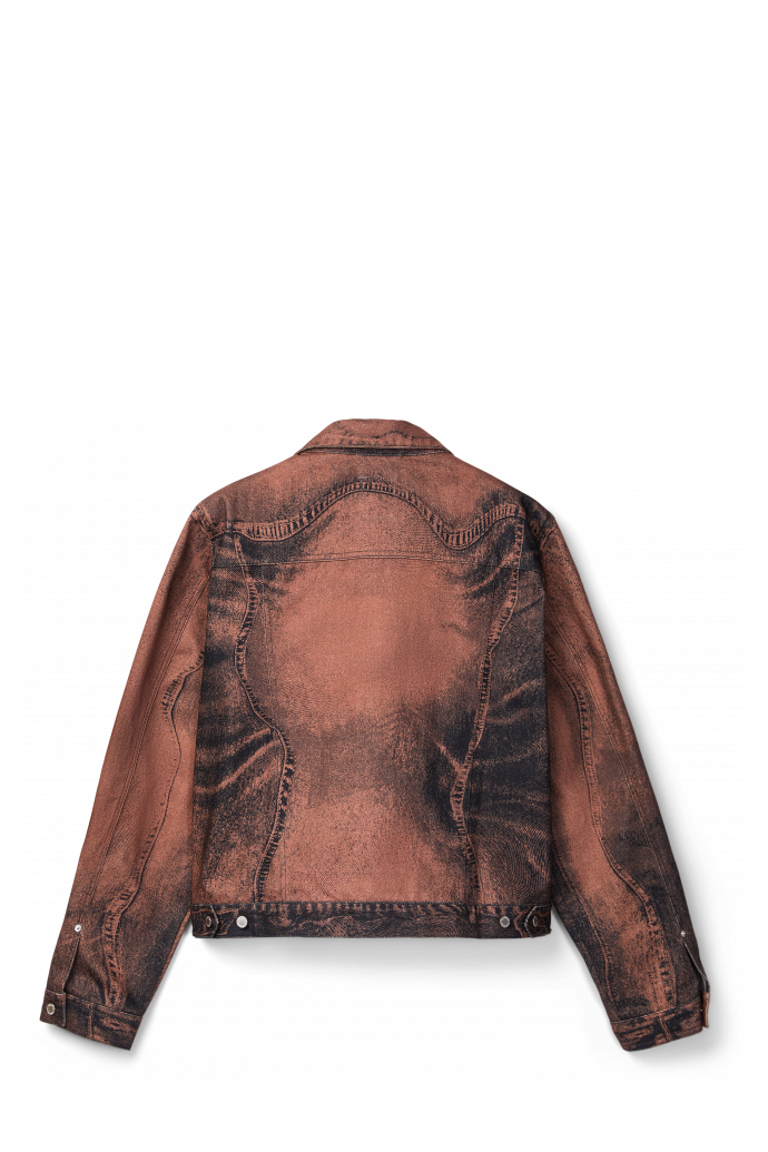 Back view of DISTORTED PRINT DENIM JACKET Brown-black Denim Jacket