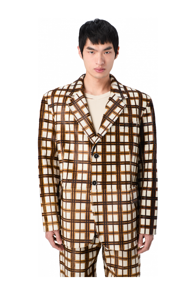 LEATHER BLAZER Blazer en cuir à poils tartan marron écru