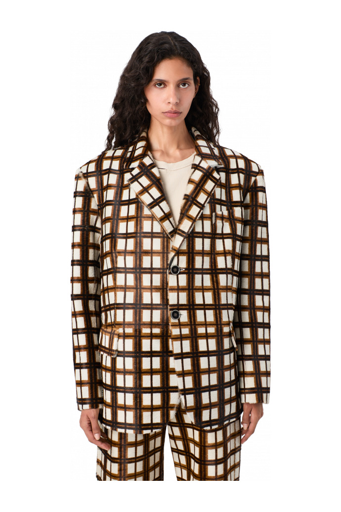 LEATHER BLAZER Americana de tartà de pell amb pèl de color crema i marró