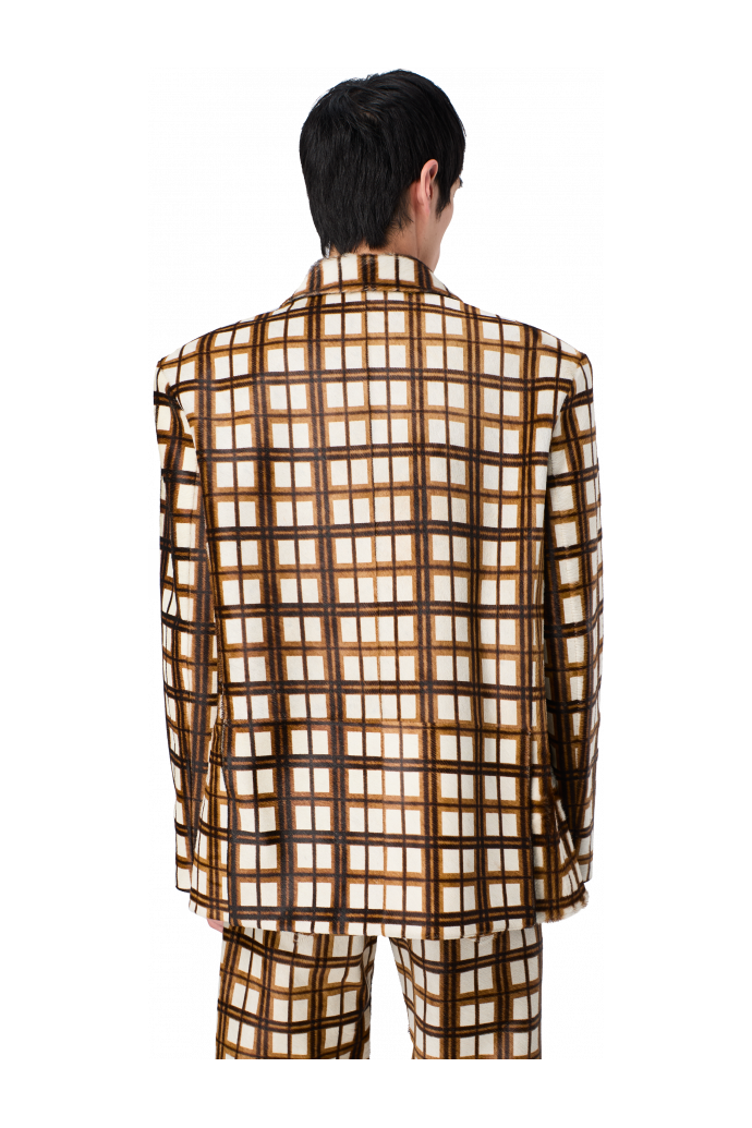 LEATHER BLAZER Blazer en cuir à poils tartan marron écru