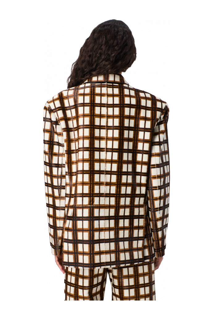 LEATHER BLAZER Americana de tartà de pell amb pèl de color crema i marró