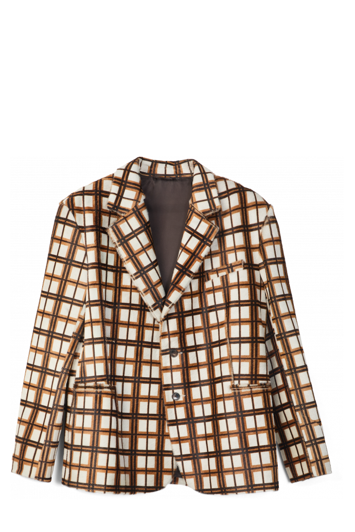 LEATHER BLAZER Blazer en cuir à poils tartan marron écru