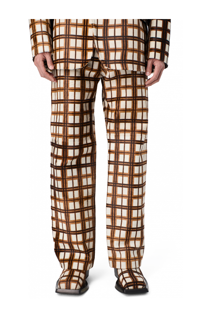 LEATHER TROUSERS Lederhose mit Naturfell und Schottenkaros in Creme und Braun