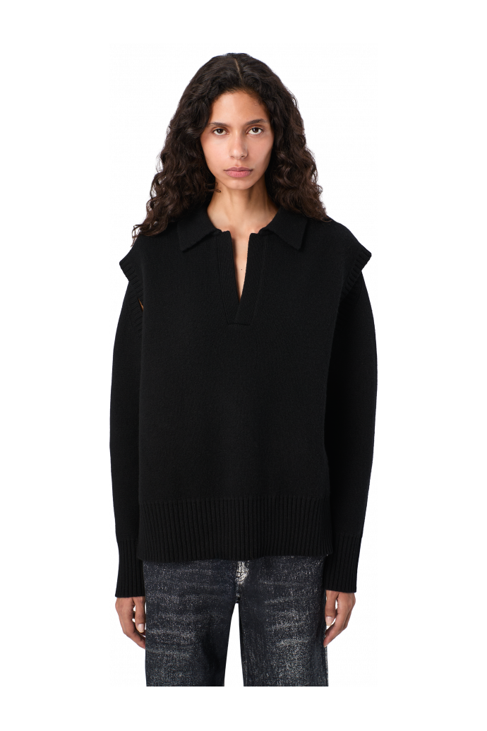 KNIT CUT-OUT POLO NECK Schwarzer Pullover aus Wollmischgewebe