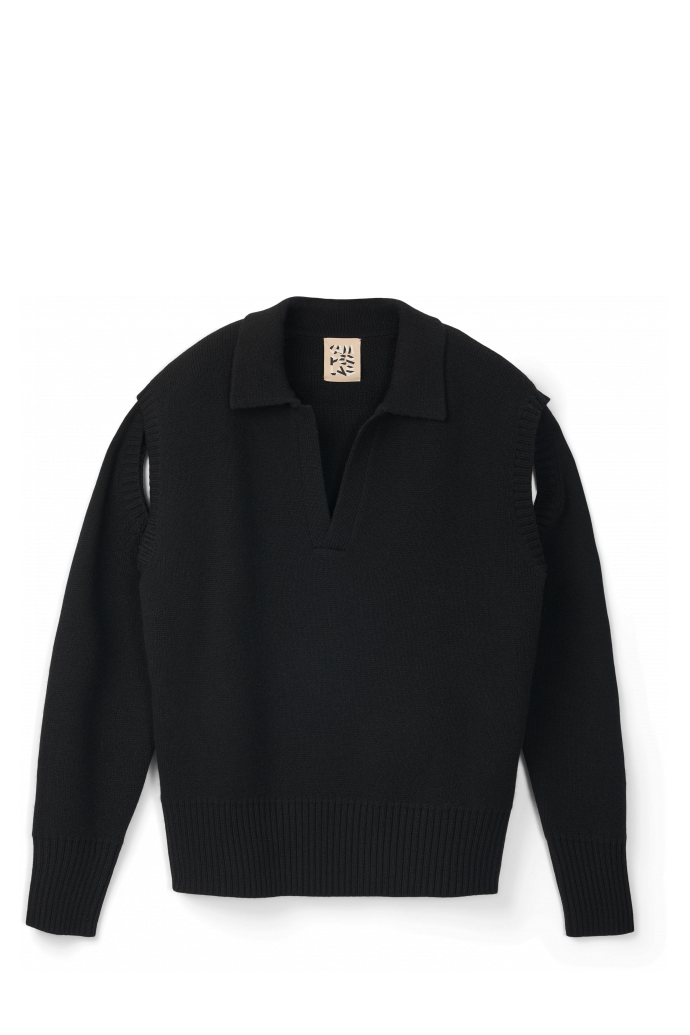 Side view of KNIT CUT-OUT POLO NECK Black wool-blend Sweater