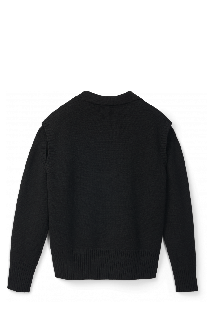 Back view of KNIT CUT-OUT POLO NECK Black wool-blend Sweater