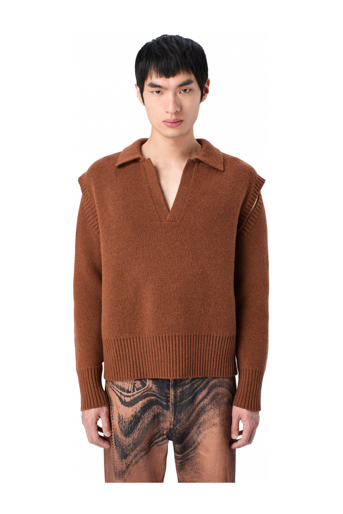 KNIT CUT-OUT POLO NECK Bruine wolmix trui