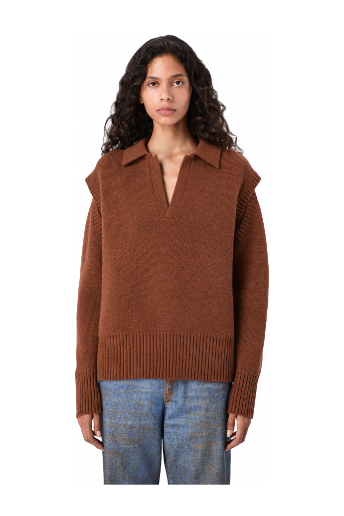 KNIT CUT-OUT POLO NECK Brauner Pullover aus Wollmischgewebe