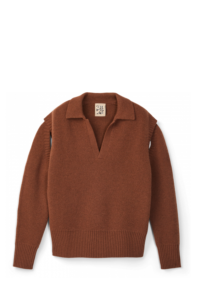 KNIT CUT-OUT POLO NECK Bruine wolmix trui