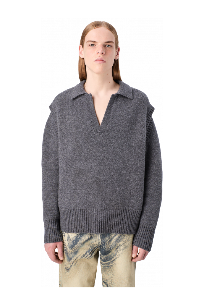 KNIT CUT-OUT POLO NECK Grijze wolmix trui