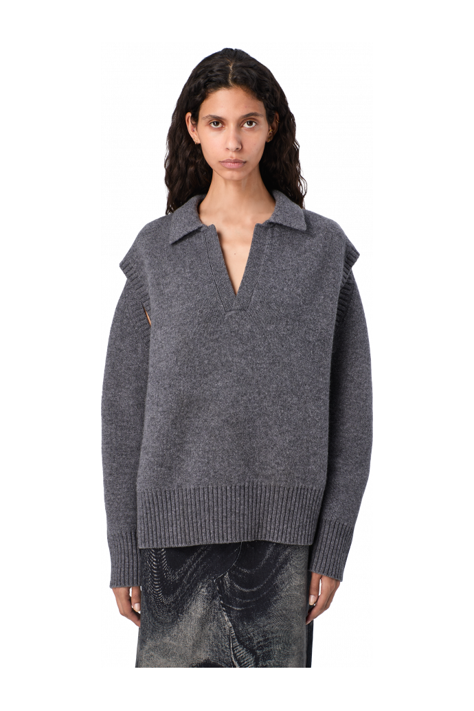 KNIT CUT-OUT POLO NECK Grauer Pullover aus Wollmischgewebe