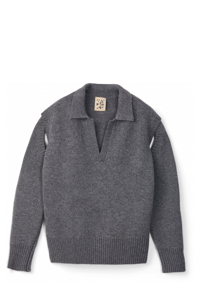 KNIT CUT-OUT POLO NECK Grijze wolmix trui